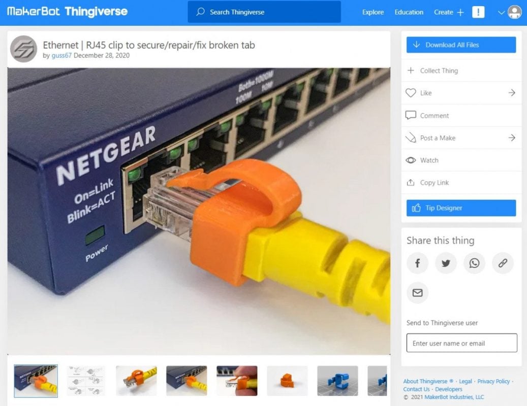 3D Printed Computer & Laptop Accessories - Substitute for Broken RJ45 Ethernet Clip - 3D Printerly