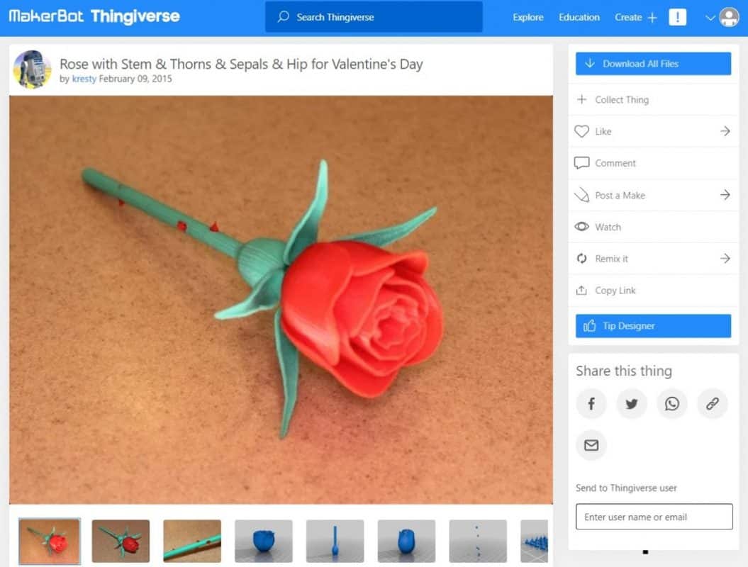 Holiday 3D Prints You Can Make - Rose with Stem, Thorns, Sepals & Hips - 3D Printerly