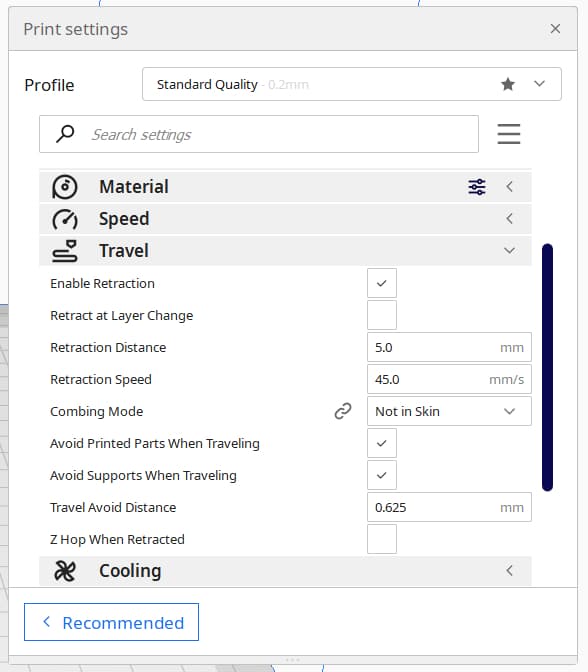 travel settings cura