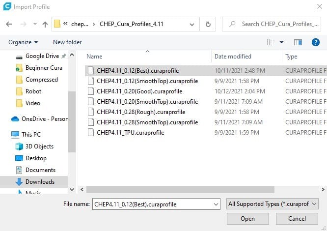 Cura profile list