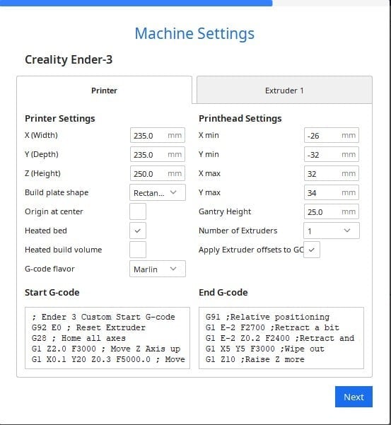 Cura machine settings