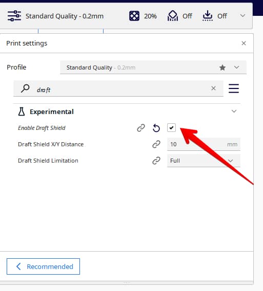 How to enable a Draft Shield in Cura