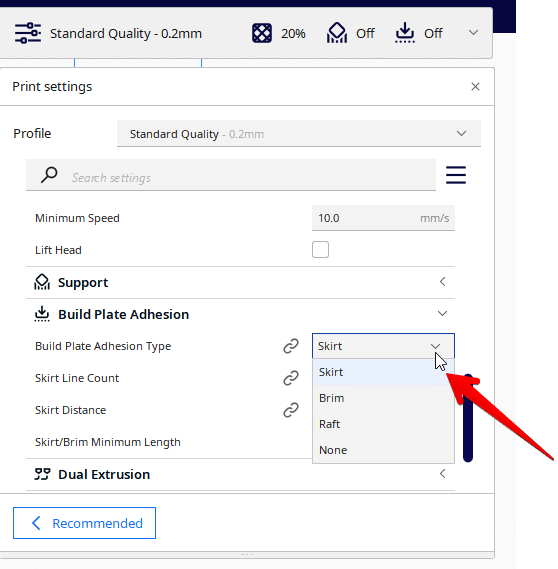 How to enable a Draft/Brim in Cura