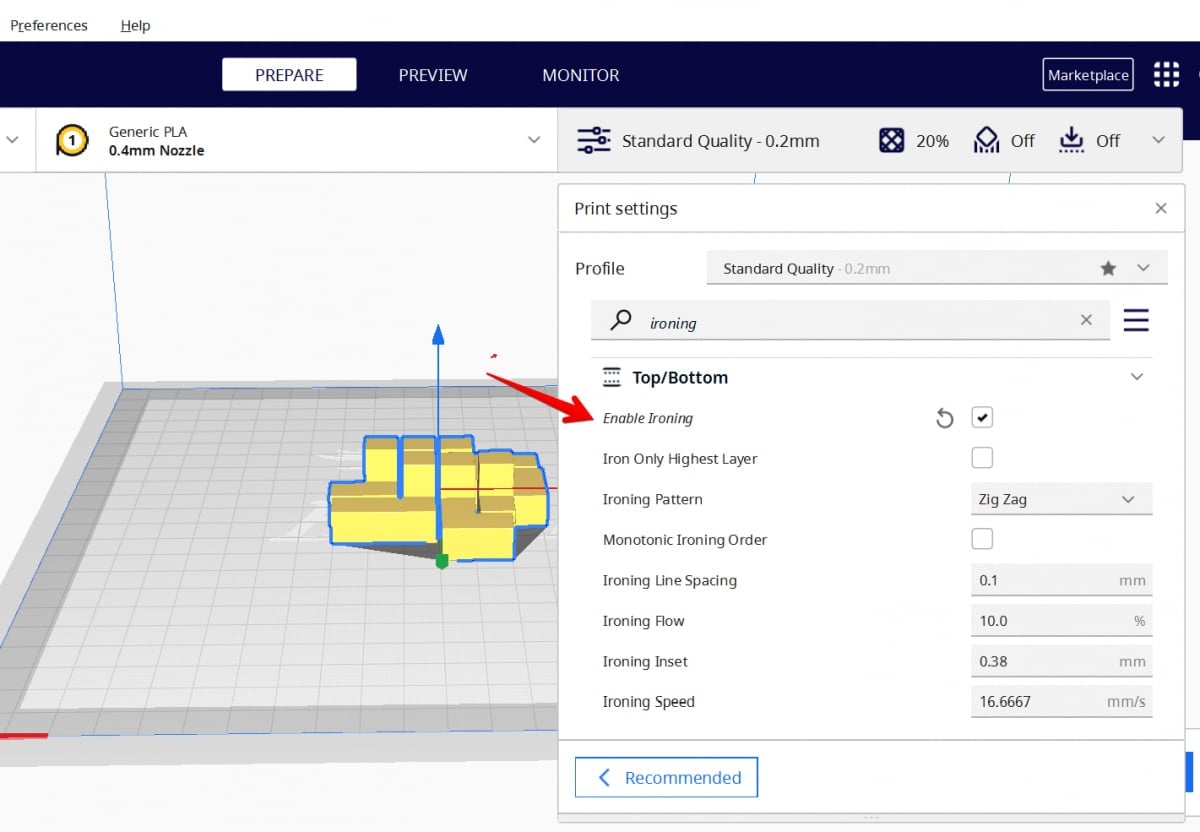 Enable Ironing cura example.