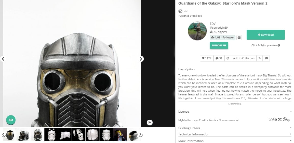 30 Best 3D Printed Helmets You Can 3D Print - Star Lord's Helmet - 3D Printerly