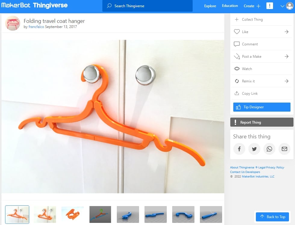 30 Best 3D Prints for Travel - 2. Folding Travel Coat Hanger - 3D Printerly
