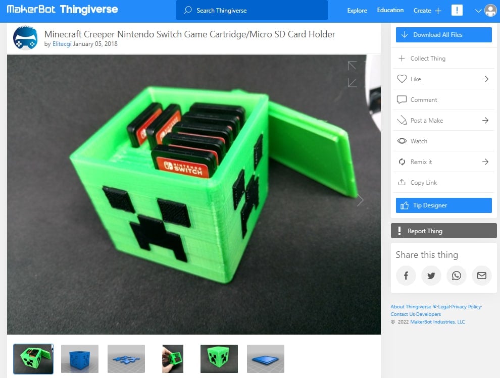 30 Best Minecraft 3D Prints - 10. Minecraft Creeper Micro SD Holder - 3D Printerly