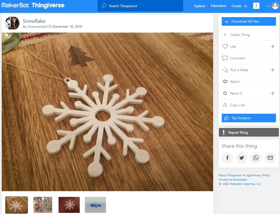 30 Quick & Easy Things to 3D Print in Under an Hour - 12. Snowflake by Snowmaniac153 - 3D Printerly