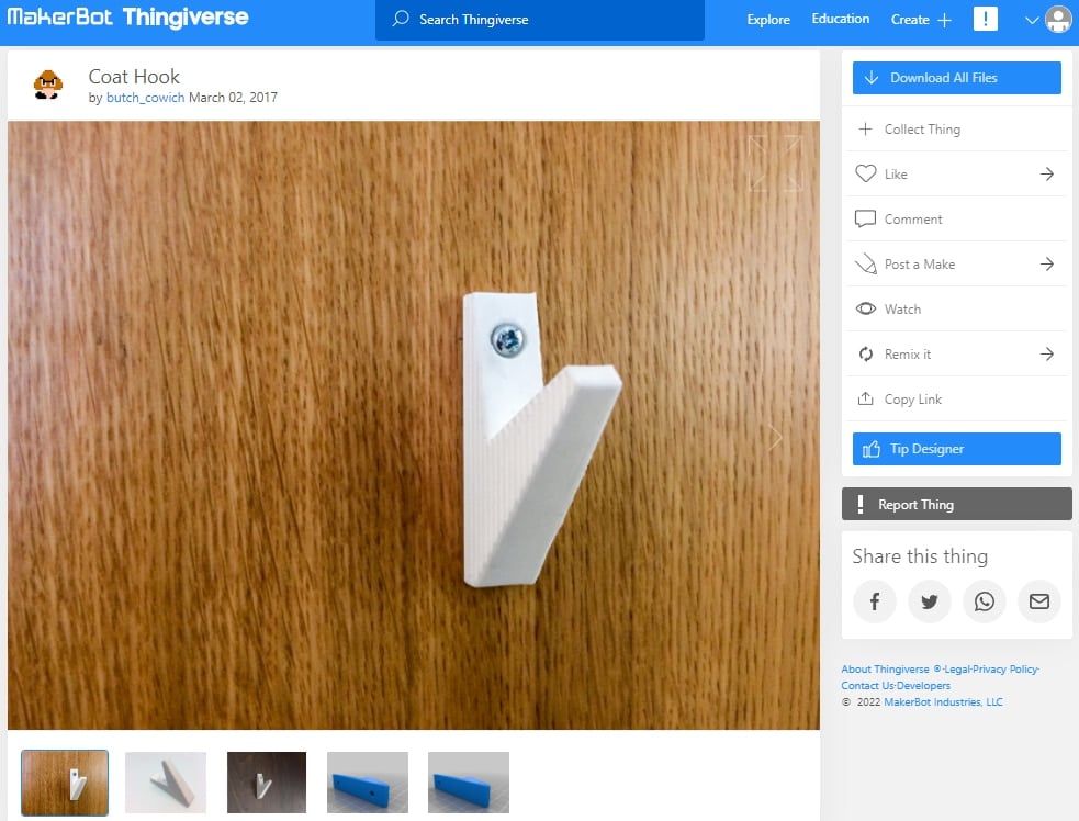 30 Quick & Easy Things to 3D Print in Under an Hour - 3. Coat Hook by butch_cowich - 3D Printerly