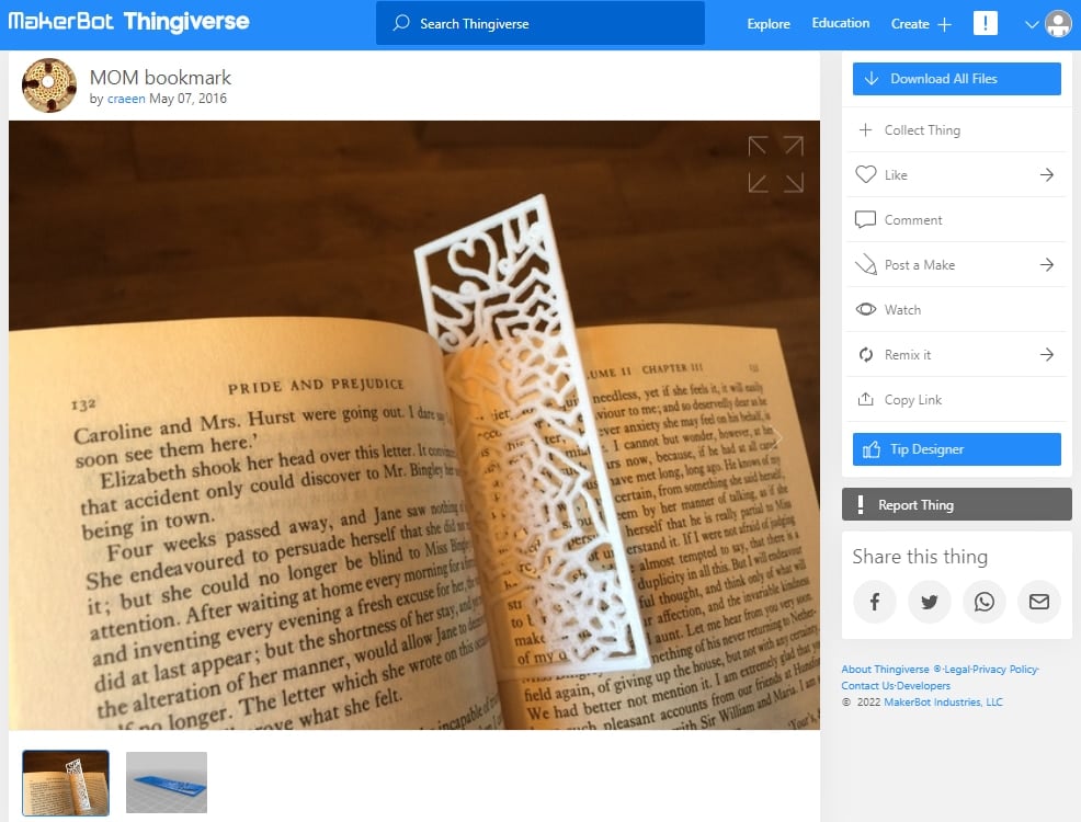 30 Quick & Easy Things to 3D Print in Under an Hour - 9. MOM bookmark by craeen - Thingiverse - 3D Printerly