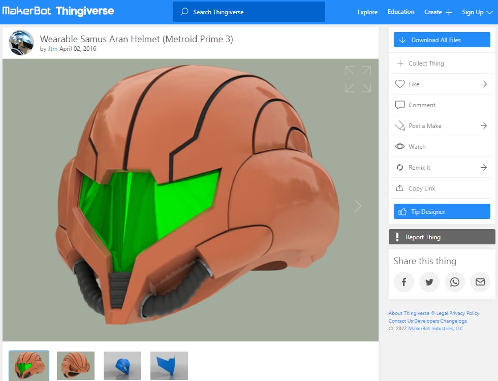 30 Best Cosplay 3D Prints - 18. Wearable Samus Aran Helmet - 3D Printerly