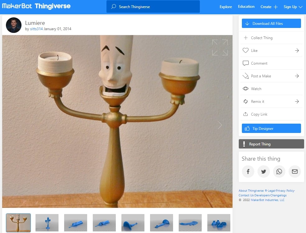 30 Best Disney 3D Prints - 16. Lumiere - 3D Printerly