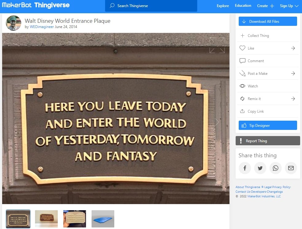 30 Best Disney 3D Prints - 25. Walt Disney World Entrance Plaque - 3D Printerly