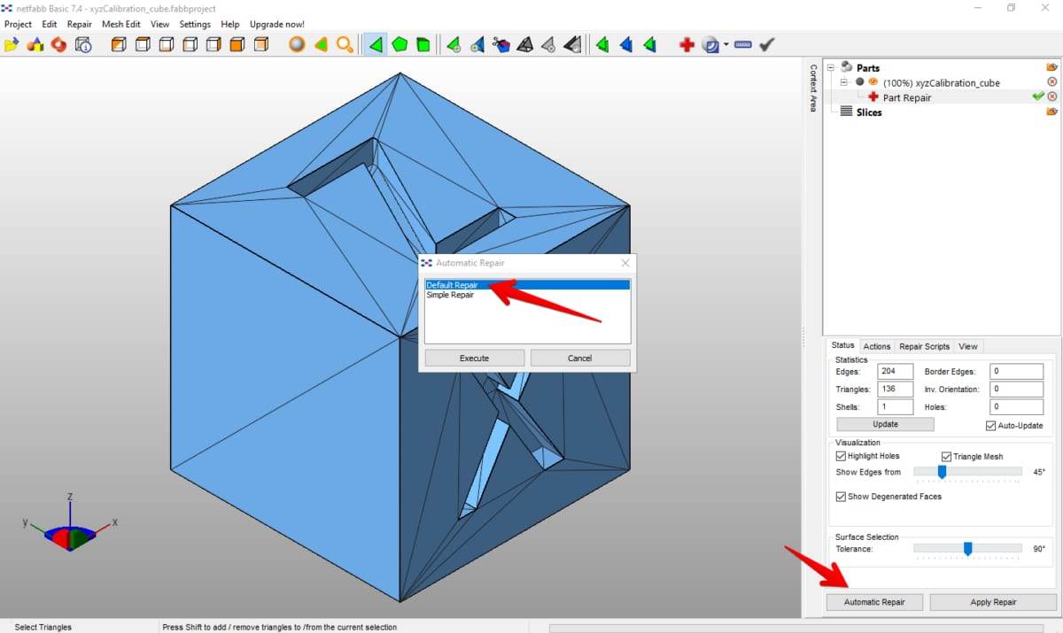 How to Fix Cura Errors - Non-Manifold, Watertight, Overlaps - Netfabb Automatic and Default Repair Location - 3D Printerly