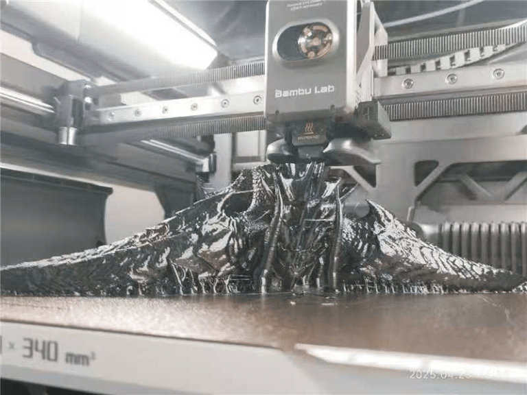 Bambu Lab H1 3D printer leak image showing single nozzle print head and 340mm build height printing detailed dragon model