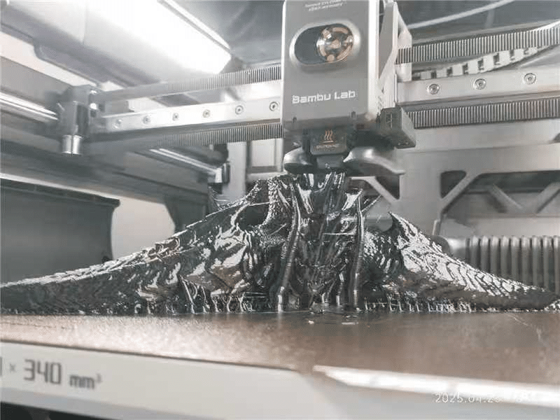Bambu Lab H1 Leak - Single Nozzle 340mm 3D Printer Bambu Lab H1 3D printer leak image showing single nozzle print head and 340mm build height printing detailed dragon model
